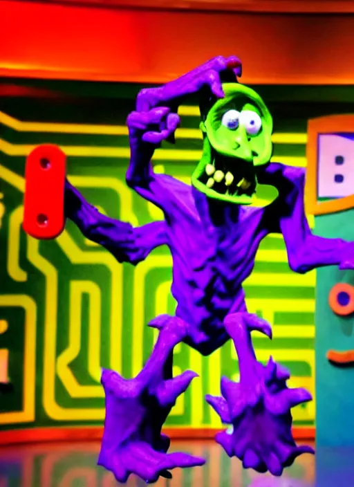 Image similar to creepy scary gangly goblin monster invades the set of a 9 0's childrens tv gameshow, 4 k resolution