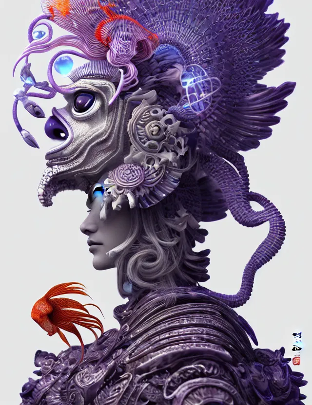 Image similar to 3 d goddess close - up profile solarpunk portrait ram skull. beautiful intricately detailed japanese crow kitsune mask and clasical japanese kimono. betta fish, jellyfish phoenix, bio luminescent, plasma, ice, water, wind, creature, artwork by tooth wu and wlop and beeple and greg rutkowski