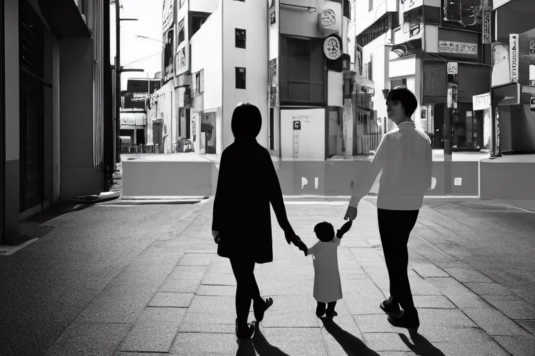 Prompt: still photo of two japanese couple holding hands on the street, black and white color aesthetic, highly detailed, photorealistic portrait, bright studio setting, studio lighting, crisp quality and light reflections, unreal engine 5 quality render