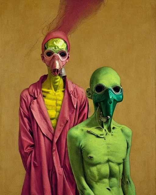 Prompt: Two skinny deformed doctors wearing gas masks, draped in silky gold, green and pink, inside a decayed hospital room, the world is on fire, loss and despair, extreme sadness, gentle, in the style of Francis Bacon, Esao Andrews, Zdzisław Beksiński, Edward Hopper, surrealism, art by Takato Yamamoto and James Jean