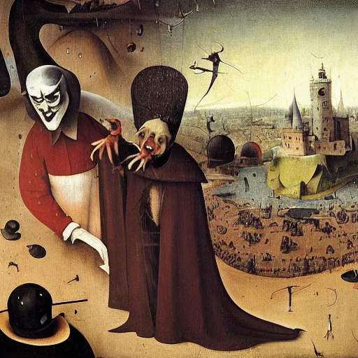 Prompt: portrait of the joker, joker is laughing, drama, chaos matte painting by hieronymus bosch and zidislaw beksinsky