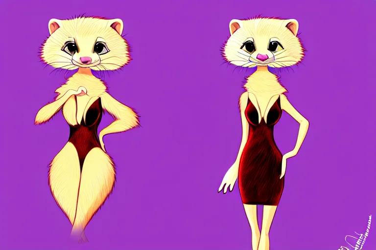 Prompt: detailed illustration : ferret character : wearing a sexy fur dress : wearing diamonds stiletto : head torso legs : behance artstation : lorax movie