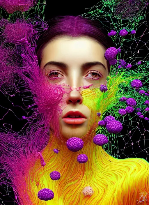 Image similar to hyper detailed 3d render like a Oil painting - black haired girl in mascara seen Eating of the Strangling network of colorful yellowcake and aerochrome and milky Fruit and Her delicate Hands hold of gossamer polyp blossoms bring iridescent fungal flowers whose spores black the foolish stars by Jacek Yerka, Mariusz Lewandowski, Houdini algorithmic generative render, Abstract brush strokes, Masterpiece, Edward Hopper and James Gilleard, Zdzislaw Beksinski, Mark Ryden, Wolfgang Lettl, Dan Hiller, hints of Yayoi Kasuma, octane render, 8k