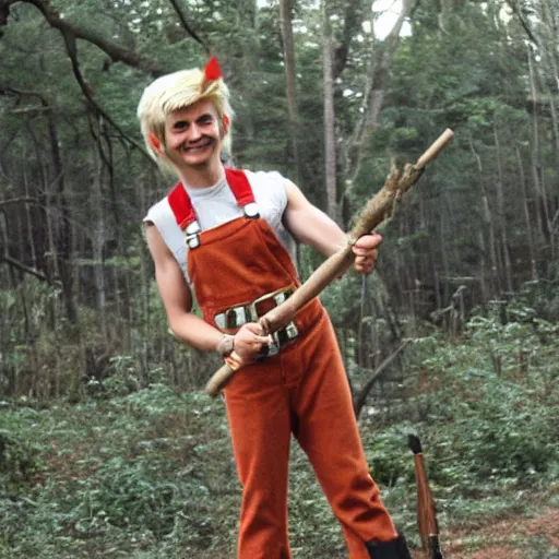 Prompt: an elf with spiky blonde hair wearing tan overalls and holding a stick of dynamite