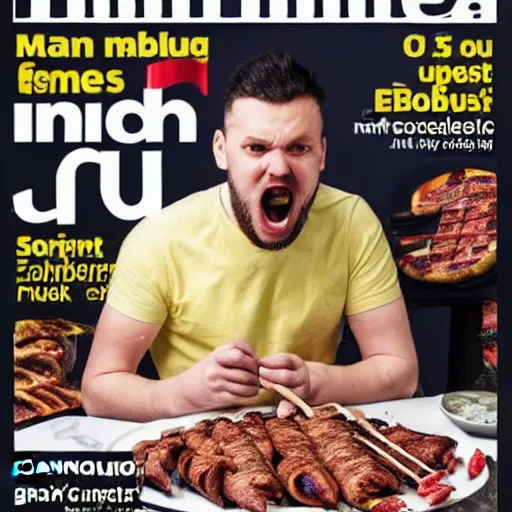 Prompt: man eating an infinite kebab, magazine cover, hd photography