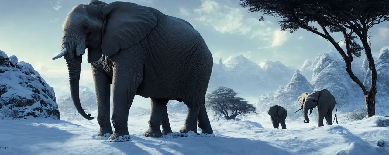 Prompt: an African elephant wearing battle armor in snow mountain landscape, beautiful dynamic lighting, cinematic, wide angle establishing shot, extremely high detail, photo realistic, cinematic lighting, post processed, concept art, artstation, matte painting, style by frederic church, raphael lacoste, unreal engine 8k