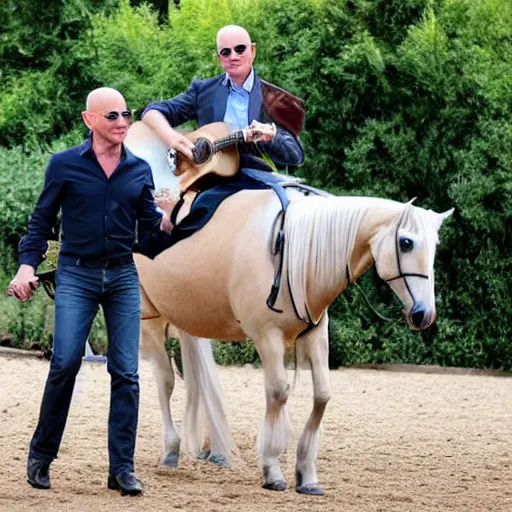 Image similar to Jeff Bezos riding a horse holding his acoustic guitar