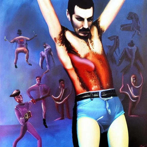 Image similar to Freddy Mercury and his internal demons, surrealist painting
