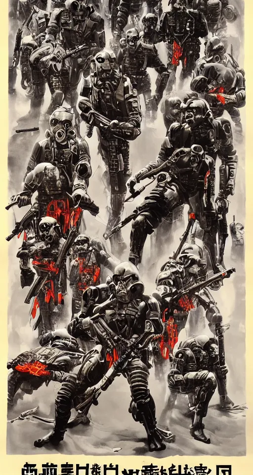 Image similar to Movie Poster For Schwartzlicht,about Chinese Russian Zombie Troopers Designed By Yasushi Nirasawa battle Japanese America Cyborgs Designed by Syd Mead and Giger, 1970s style, very detailed, text says: Schwarzlicht