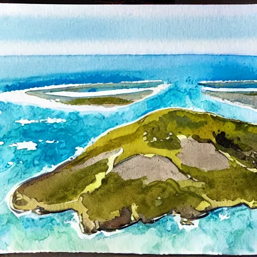 Image similar to a bird's - eye view of a island in de middle of the ocean, watercolor