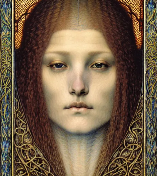 Image similar to detailed realistic beautiful young medieval queen face portrait by jean delville, gustave dore and marco mazzoni, art nouveau, symbolist, visionary, gothic, pre - raphaelite. horizontal symmetry