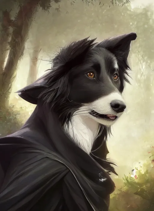 Image similar to beautiful wide angle full body portrait of a cute male anthropomorphic anthro border collie fursona wearing black robes at a theme park, character design by charlie bowater, henry asencio, and ross tran, scenic background, detailed, glamor pose, aesthetic, trending on artstation, furaffinity, deviantart