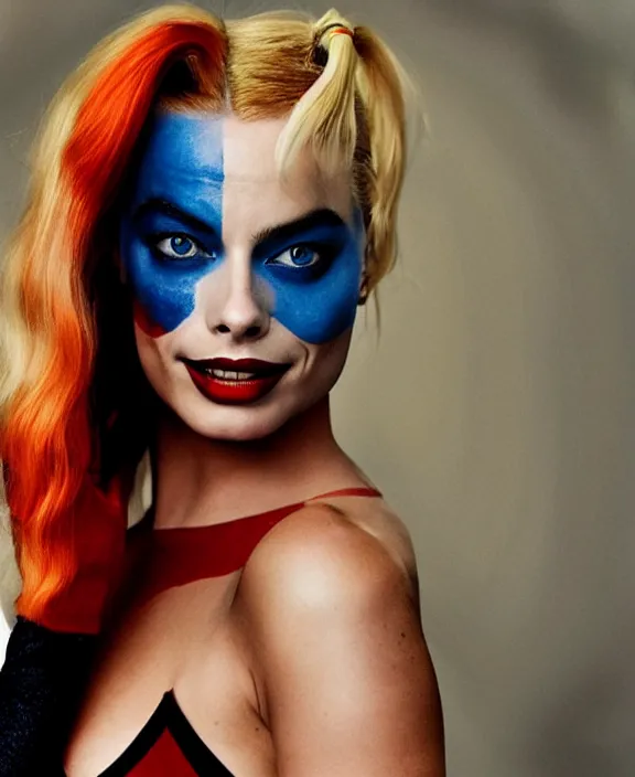 Prompt: margot robbie modeling as harley quinn, professional photograph