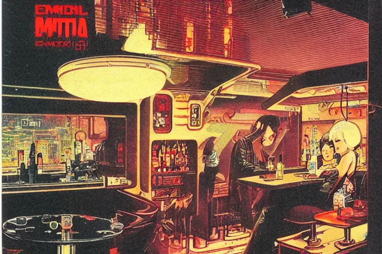Image similar to 1979 OMNI Magazine Cover of a cozy bar interior in neo-tokyo in cyberpunk style by Vincent Di Fate. Product advertisement
