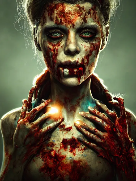 Prompt: portrait art of zombie queen 8k ultra realistic , lens flare, atmosphere, glow, detailed,intricate, full of colour, cinematic lighting, trending on artstation, 4k, hyperrealistic, focused, extreme details,unreal engine 5, cinematic, masterpiece