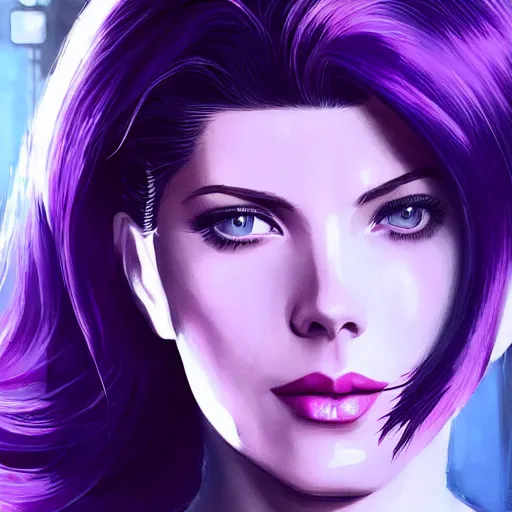 Image similar to A combination of Grace Kelly's and Katheryn Winnick's and Ashley Greene's faces with short violet hair as Motoko Kusanagi from Ghost in The Shell, cyberpunk style, synthwave aesthetic, fantasy, intricate, elegant, highly detailed, digital painting, artstation, concept art, matte, sharp focus, illustration, half body portrait, art by Artgerm and Greg Rutkowski and Alphonse Mucha