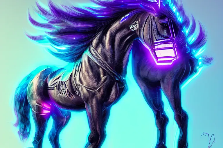 Image similar to a beautiful full body portrait of a cute cyberpunk horse with bioluminescent mane by sandra chevrier and greg rutkowski and wlop, purple blue color scheme, vaporware, retro, outrun, high key lighting, volumetric light, digital art, highly detailed, fine detail, intricate, ornate, complex, octane render, unreal engine, photorealistic
