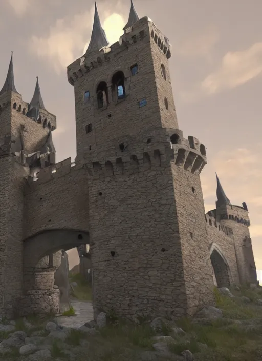 Image similar to a stylized medieval castle with towers, gate, and rockwalls. highly detailed, unreal engine. daylight. trending on artstation.