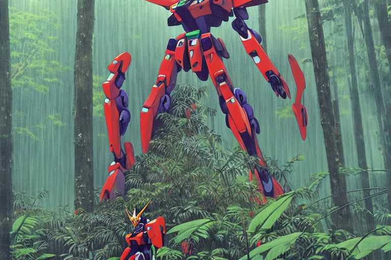 Prompt: one gigantic massive gundam evangelion bot climbing on a giant tree in tropical rain forest, a lot of exotic vegetation, trees, flowers, dull colors, - like mech staying in the foggy huge forest covered with web and cotton, by moebius, ikuto yamashita, craig mullin, and rodney matthew, hyperrealism, intricate detailed, risograph