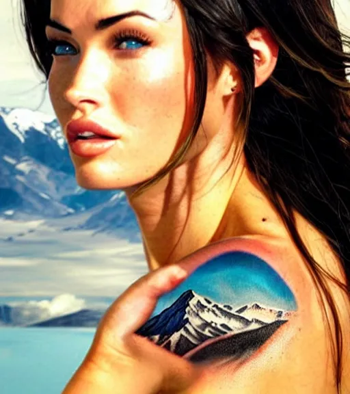 Image similar to double exposure effect tattoo design sketch of megan fox with beautiful mountain scenery, realism tattoo, in the style of matteo pasqualin, amazing detail, sharp