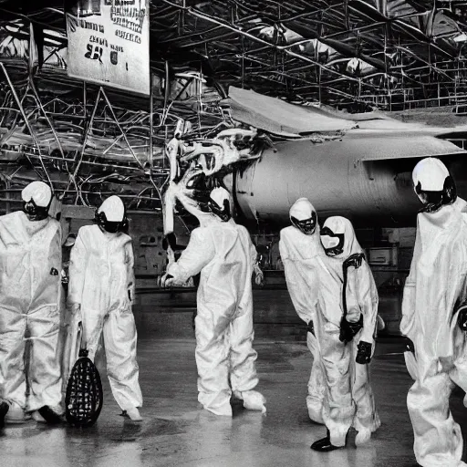 Image similar to spooky alien ship inside a hanger, old photo, vintage photo, grainy, realistic, real photo, men in hazmat suits standing around