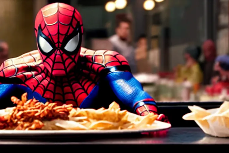 Prompt: cinematic still of spiderman eating greasy food from arby's restaurant