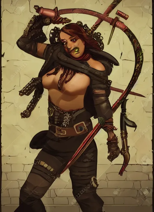 Image similar to ultra realistic photo of medieval chubby beautiful rogue hunter demon girl, full body, rule of thirds, saturated colors, cinematic, mignola, mucha