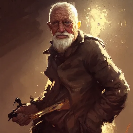 Prompt: old man portrait, throwing hand grenade, greg rutkowski art