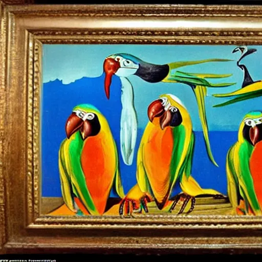 Image similar to A picture of happy parrots with big ears, painted by salvador dali