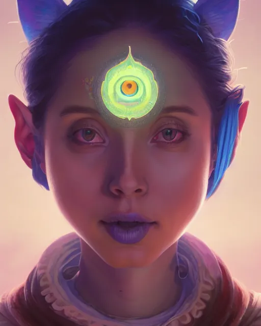 Image similar to highly detailed surreal vfx portrait of young woman wearing majora's mask, stephen bliss, unreal engine, greg rutkowski, loish, rhads, beeple, makoto shinkai and lois van baarle, ilya kuvshinov, rossdraws, tom bagshaw, alphonse mucha, global illumination, detailed and intricate environment