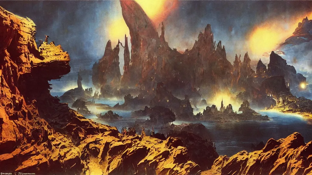 Prompt: journey to the center of the earth by frank frazetta and bruce pennington, cinematic matte painting