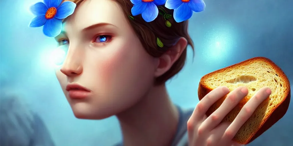 Image similar to epic professional digital art of a bread toast!!! wearing 👓!!!! and a blue flower!!!!, best on artstation, cgsociety, wlop, cosmic, epic, stunning, much detail, much wow, masterpiece, backlight