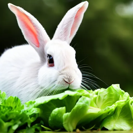 Image similar to Rabbit eating lettuce, half black half white, very furry, pink nose, close up, National Geography , photorealistic, ultra-detailed, 4k high resolution, HDR shot