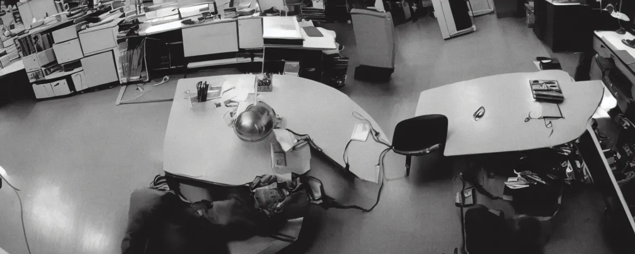 Image similar to security cam footage of someone with their head on spaghetti at their desk, at work, kodachrome, in the style of wes anderson, retro