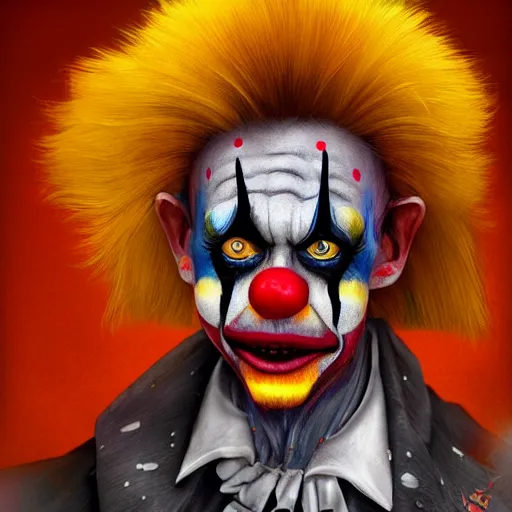 Prompt: willem dafoe wearing bizarre clown makeup, and intricate clown costume, by rossdraws, vivid colors, soft lighting, digital artwork, uhd, best of artstation
