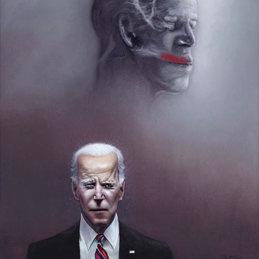 Prompt: presidential portrait of joe biden with shadowy mist pouring from mouth and nose as slenderman, by beksinski, jon mcnaughton, and stephen gammell