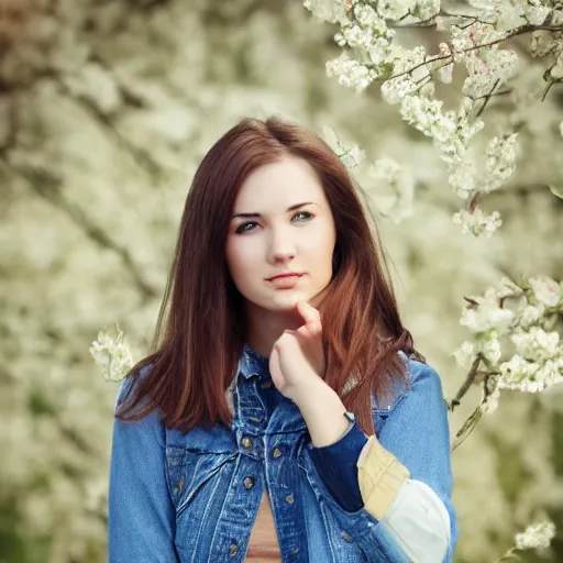 Prompt: young woman in her 20s, she wears boots, its spring, photography, very detailed face, full body shot