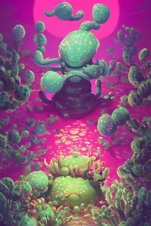 Image similar to roots cactus sushi cristal smurf ghost creature animal sushi cristal very big eye roots cactus elemental flush of force nature micro world fluo fishscale, behance hd by jesper ejsing, by rhads, makoto shinkai and lois van baarle, ilya kuvshinov, rossdraws radiating a glowing aura global illumination ray tracing hdr