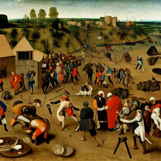 Prompt: a bruegel painting of rationalists trying to prevent an artificial general intelligence from destroying the world