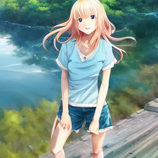 Image similar to a very beautiful anime girl, full body, long wavy blond hair, sky blue eyes, full round face, short smile, cute top, short jeans, summer lake setting, cinematic lightning, medium shot, mid-shot, highly detailed, trending on Artstation, Unreal Engine 4k, cinematic wallpaper by Stanley Artgerm Lau, WLOP, Rossdraws, James Jean, Andrei Riabovitchev, Marc Simonetti, and Sakimichan