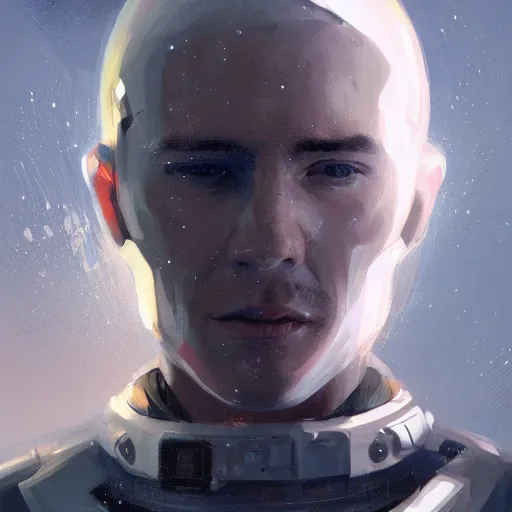 Prompt: portrait of a man by greg rutkowski, he is about 3 0 years old, short blond hair, athletic and strong, straight jaw, looking puzzled, wearing futuristic space gear, highly detailed portrait, digital painting, artstation, concept art, smooth, sharp foccus ilustration, artstation hq.