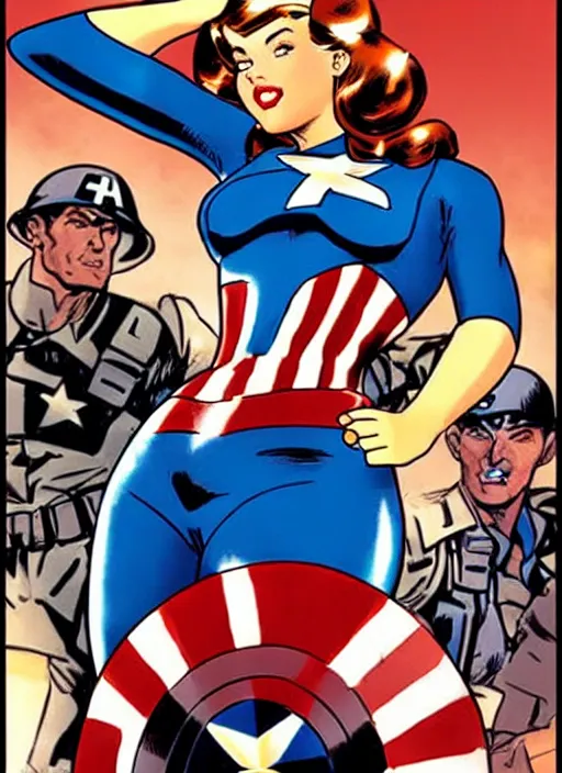 Image similar to sultry female captain america standing on a pile of defeated, beaten and broken ss soldiers. feminist captain america wins ww 2. american ww 2 propaganda poster by rob liefeld and pixar. gorgeous face. pin up. overwatch.