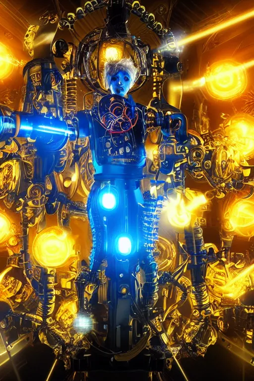 Image similar to portrait photo of a giant huge golden and blue metal humanoid steampunk robot female singer with a human face and gears and tubes, in the foreground is a big red glowing microphone, eyes are glowing red lightbulbs, shiny crisp finish, 3 d render, 8 k, insaneley detailed, fluorescent colors, background is multicolored lasershow