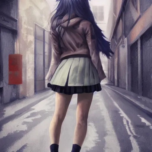 Prompt: a perfect, realistic professional acryl painting of a Japanese schoolgirl posing in a dystopian alleyway, style of Marvel, full length, by a professional American senior artist on ArtStation, a high-quality hollywood-style concept