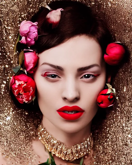 Prompt: portrait of a european woman, closeup, she's on ice, skin shining like a diamond high sharpness, zeiss lens, fashion photo shoot, peony flowers, red hair, red lipstick, against a background of gold, rhinestones on their face, Edward Buba, Annie Leibovitz, Paolo Roversi, David Lazar, Jimmy Nelsson, Eiko Hosoe, artistic, hyper-realistic, beautiful face, octane rendering