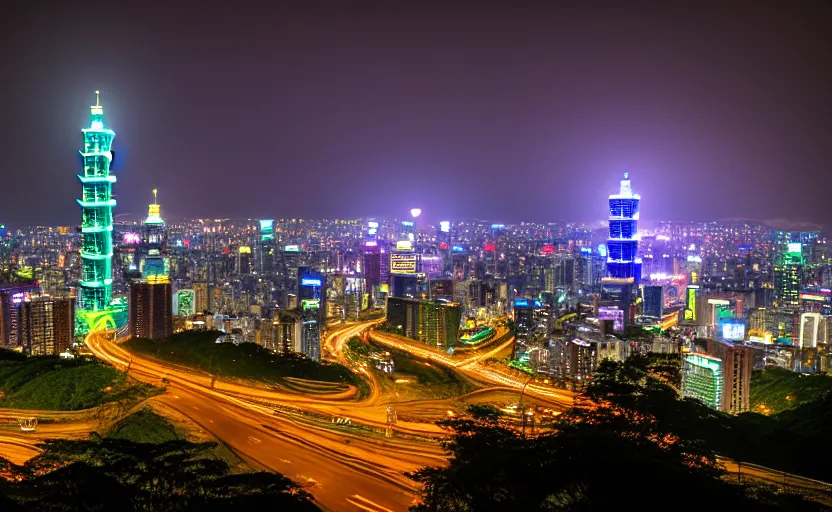 Image similar to 35mm photography landscape of Taipei in 2141, futuristic megacity skyline, neon towers in the rainy night