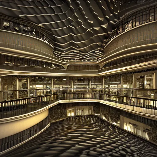 Prompt: hyperrealism computer simulation visualisation of parallel universe mall in surreal scene from art house movie from future by caravaggio rendered in mandelbulb 4 d and blender and octane render