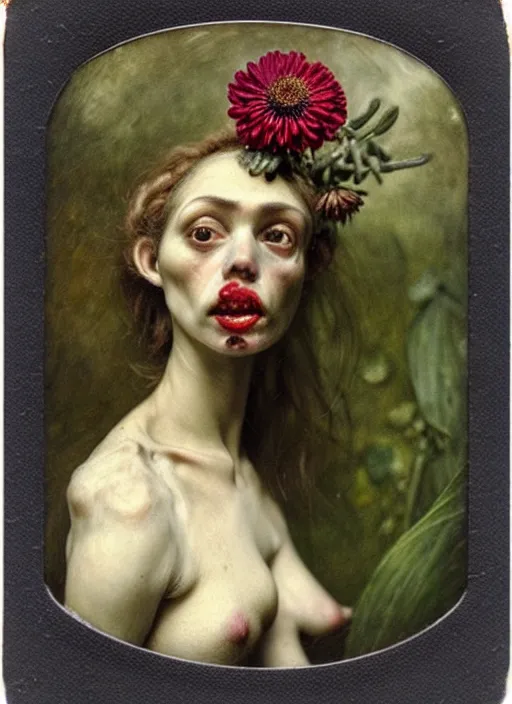 Image similar to beautiful and detailed rotten woman made of plants and many types of stylized flowers like carnation, daisy, chrysanthemum, anemone, roses and tulips, intricate, surreal, vladimir volegov, john constable, guy denning, gustave courbet, caravaggio, romero ressendi, 1 9 1 0 polaroid photo