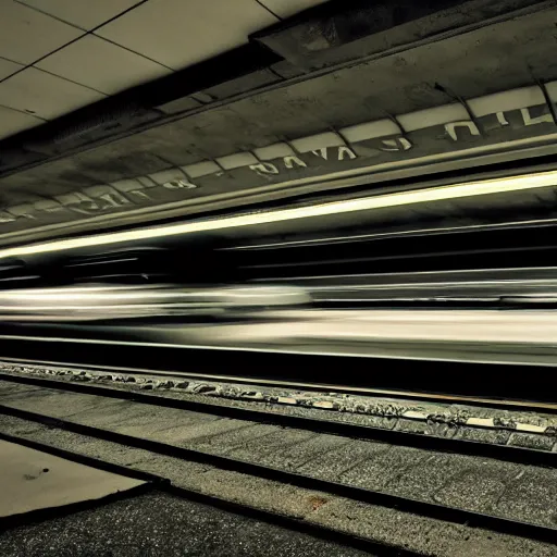 Prompt: a photo of a subway station without pillars nor benches, on either side, there are two trains speeding parallel to each other, 70mm lens, slow shutter speed, f/4, 41mm focal length, ISO 200, 4k, dramatic contrasting light, cinematic lighting, vanishing point, centered composition