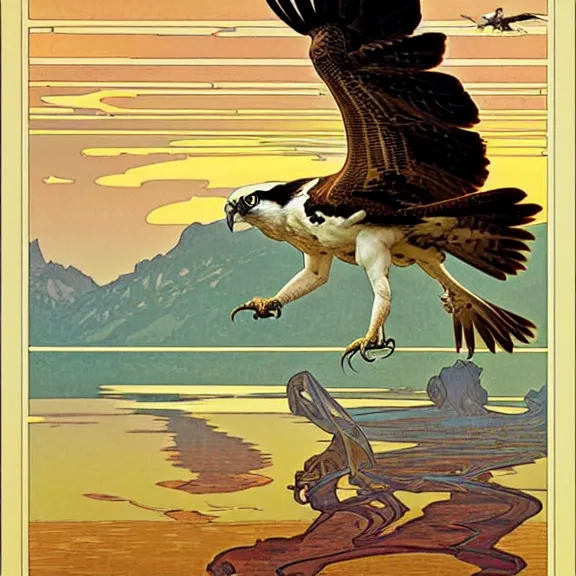 Image similar to an osprey in flight over a spectacular mountain lake at golden hour. art nouveau. surrealism. incredibly beautiful digital art. by alphonse mucha and julie dillon.